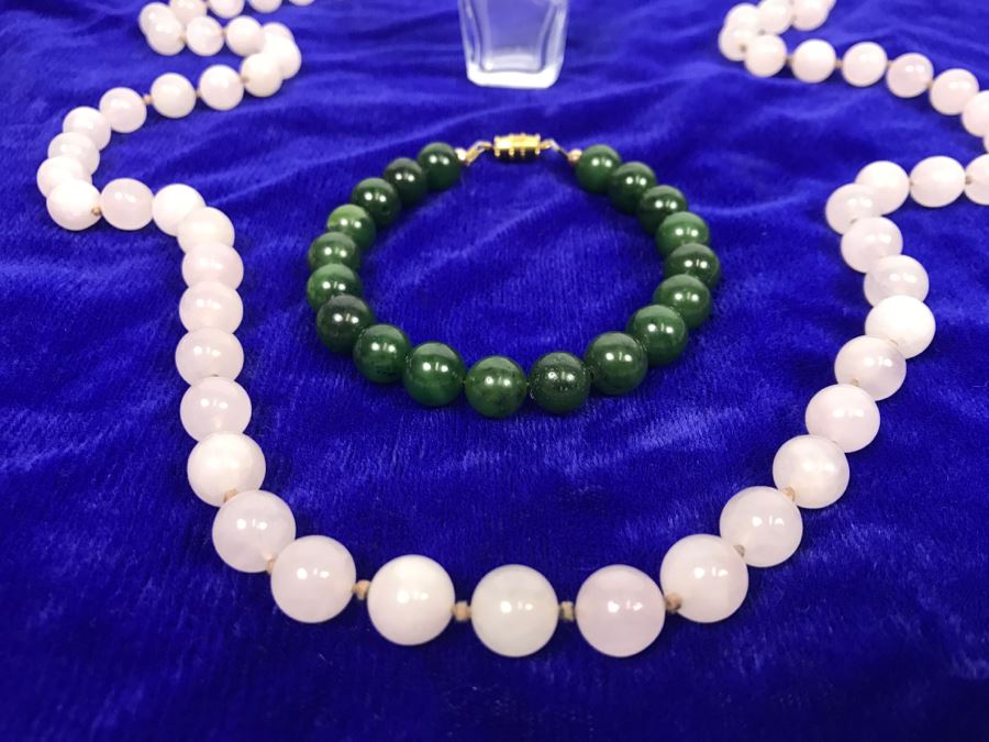 JUST ADDED - Light Pink Stone Necklace Individually Knotted, Green Stone Bracelet And French Perfume Bottle [Photo 3]
