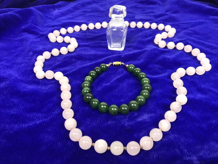 JUST ADDED - Light Pink Stone Necklace Individually Knotted, Green Stone Bracelet And French Perfume Bottle [Photo 1]
