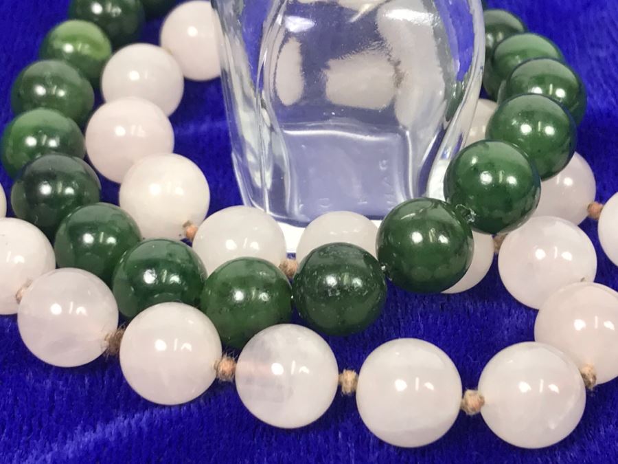 JUST ADDED - Light Pink Stone Necklace Individually Knotted, Green Stone Bracelet And French Perfume Bottle [Photo 12]