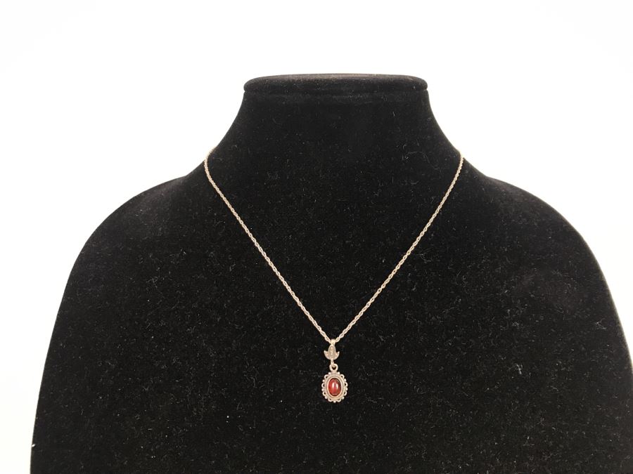 JUST ADDED - Sterling Silver Necklace With Sterling Pendant And Red Stone 3.1g