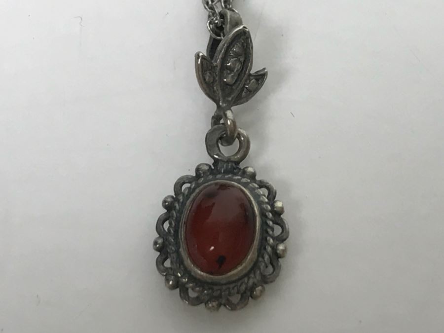 JUST ADDED - Sterling Silver Necklace With Sterling Pendant And Red Stone 3.1g [Photo 2]
