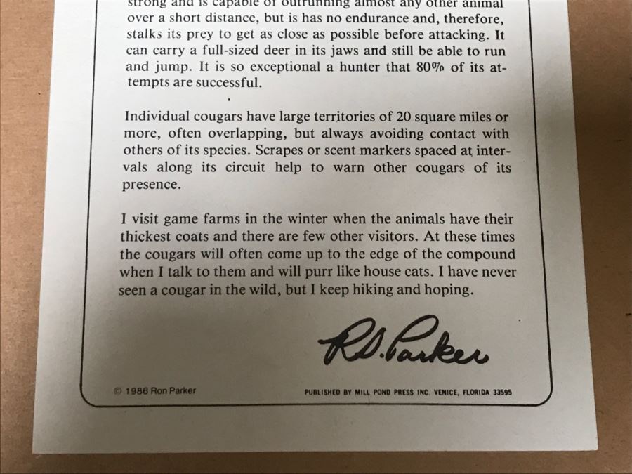 JUST ADDED - Vintage 1986 Hand Signed Limited Edition Print Titled 'Rimrock - Cougar' Mountain Lion By Ron Parker 134 Of 950 [Photo 17]