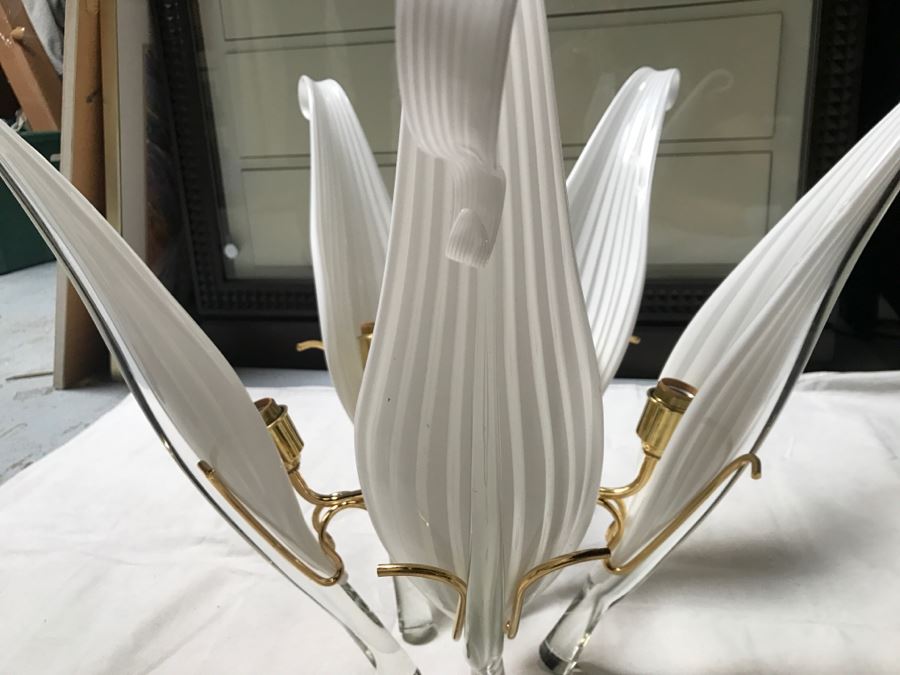 JUST ADDED - Stunning Chandelier With (5) Hand Blown Glass Flower Petals Gold Plated Light Fixture Retailed For $2,000 [Photo 4]