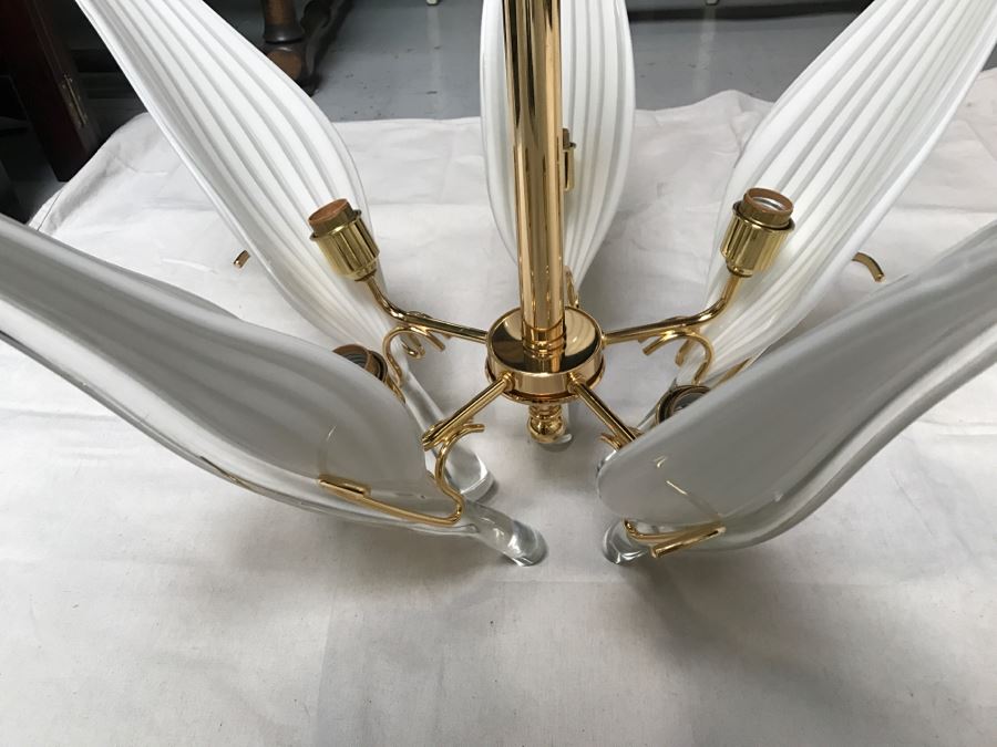 JUST ADDED - Stunning Chandelier With (5) Hand Blown Glass Flower Petals Gold Plated Light Fixture Retailed For $2,000 [Photo 11]