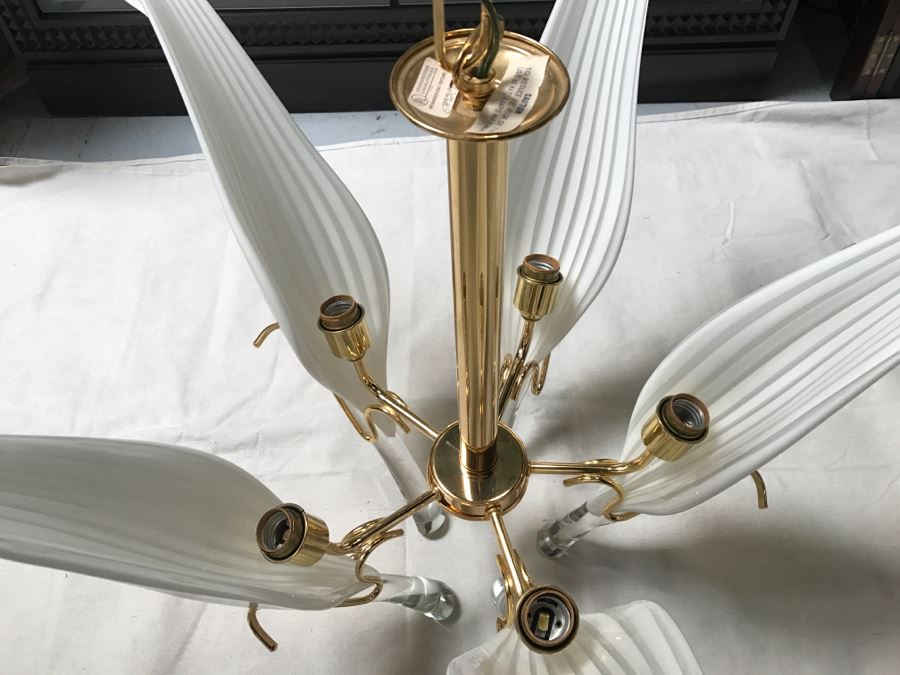 JUST ADDED - Stunning Chandelier With (5) Hand Blown Glass Flower Petals Gold Plated Light Fixture Retailed For $2,000 [Photo 7]
