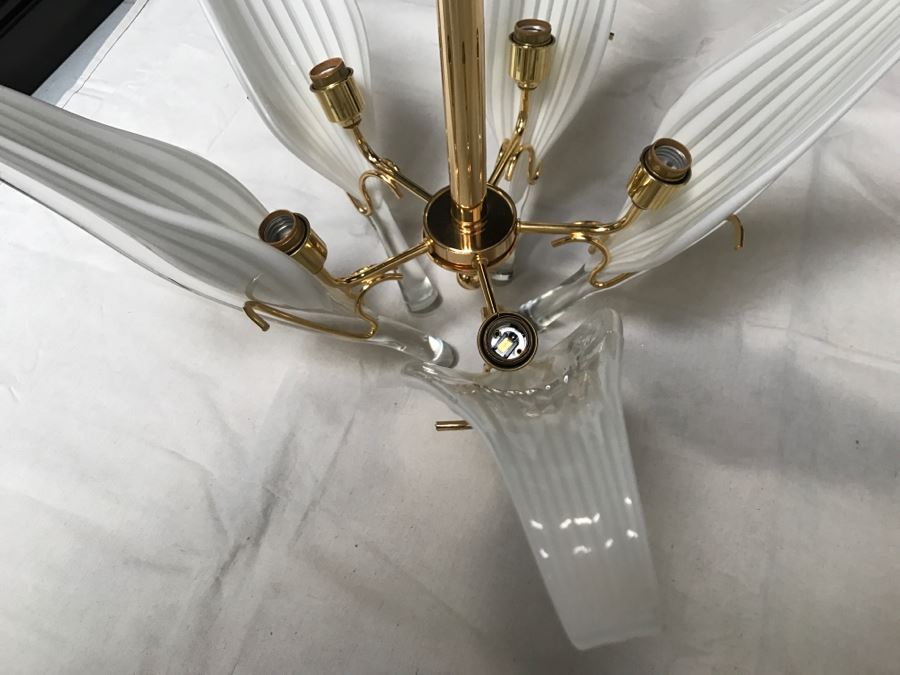 JUST ADDED - Stunning Chandelier With (5) Hand Blown Glass Flower Petals Gold Plated Light Fixture Retailed For $2,000 [Photo 9]