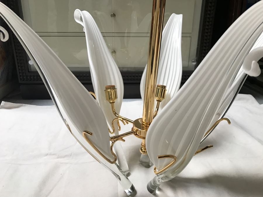 JUST ADDED - Stunning Chandelier With (5) Hand Blown Glass Flower Petals Gold Plated Light Fixture Retailed For $2,000 [Photo 3]