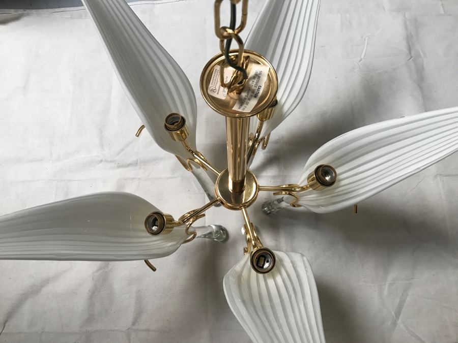 JUST ADDED - Stunning Chandelier With (5) Hand Blown Glass Flower Petals Gold Plated Light Fixture Retailed For $2,000 [Photo 6]
