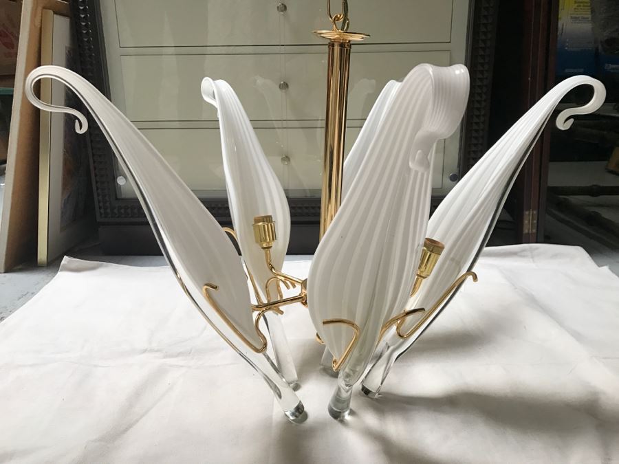 JUST ADDED - Stunning Chandelier With (5) Hand Blown Glass Flower Petals Gold Plated Light Fixture Retailed For $2,000 [Photo 2]