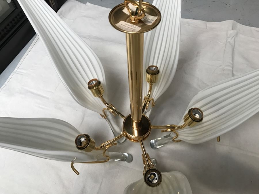 JUST ADDED - Stunning Chandelier With (5) Hand Blown Glass Flower Petals Gold Plated Light Fixture Retailed For $2,000 [Photo 8]