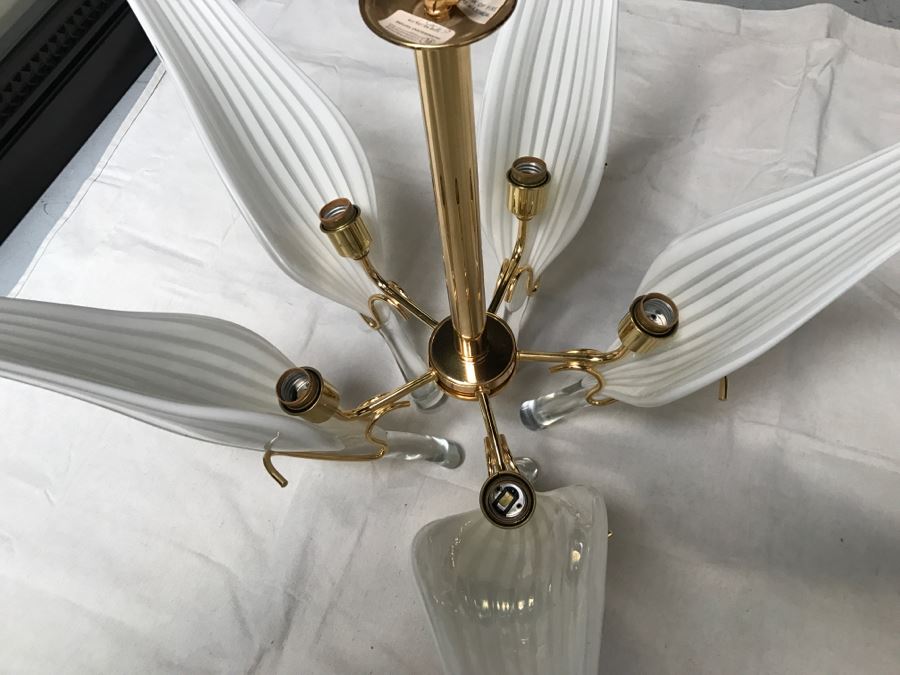 JUST ADDED - Stunning Chandelier With (5) Hand Blown Glass Flower Petals Gold Plated Light Fixture Retailed For $2,000 [Photo 10]