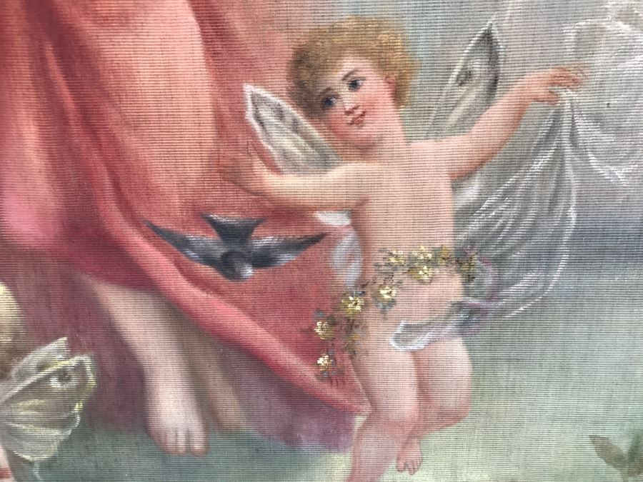 JUST ADDED - Large Antique Original Painting On Canvas Of Woman Surrounded By Cherubs Angels By Al Blanchard In Antique Gilded Wood Frame [Photo 9]