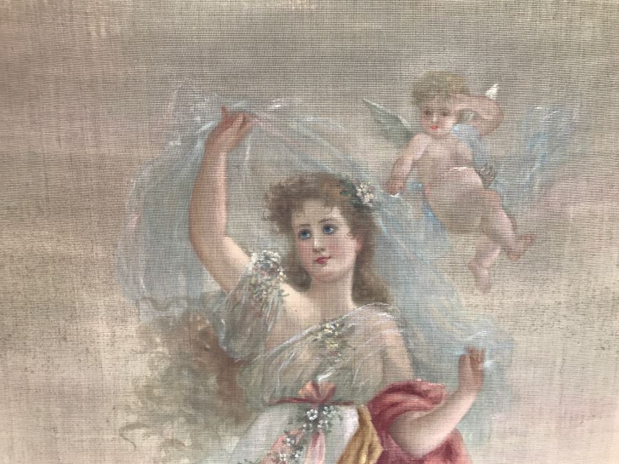 JUST ADDED - Large Antique Original Painting On Canvas Of Woman Surrounded By Cherubs Angels By Al Blanchard In Antique Gilded Wood Frame [Photo 4]