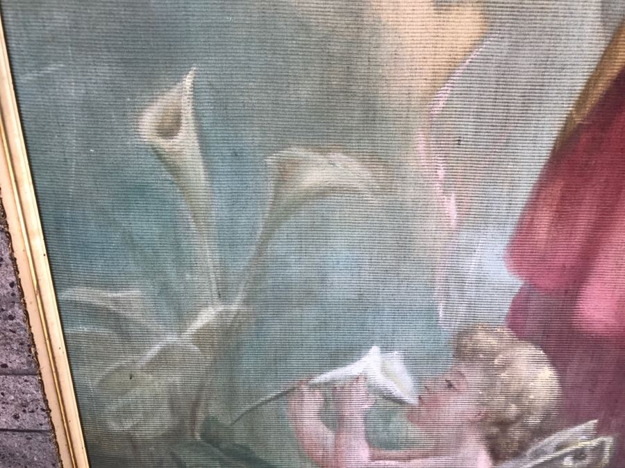 JUST ADDED - Large Antique Original Painting On Canvas Of Woman Surrounded By Cherubs Angels By Al Blanchard In Antique Gilded Wood Frame [Photo 10]