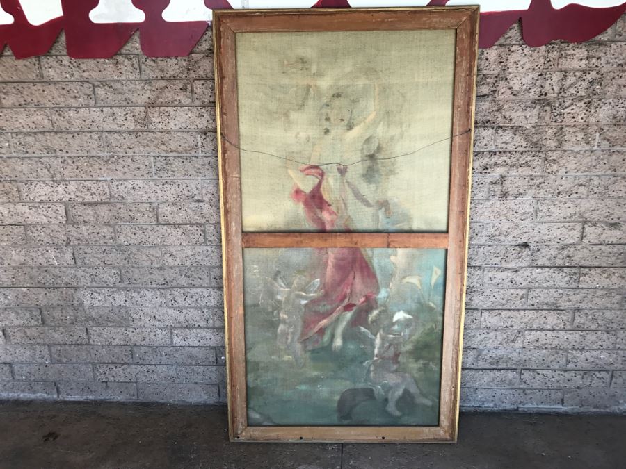JUST ADDED - Large Antique Original Painting On Canvas Of Woman Surrounded By Cherubs Angels By Al Blanchard In Antique Gilded Wood Frame [Photo 27]