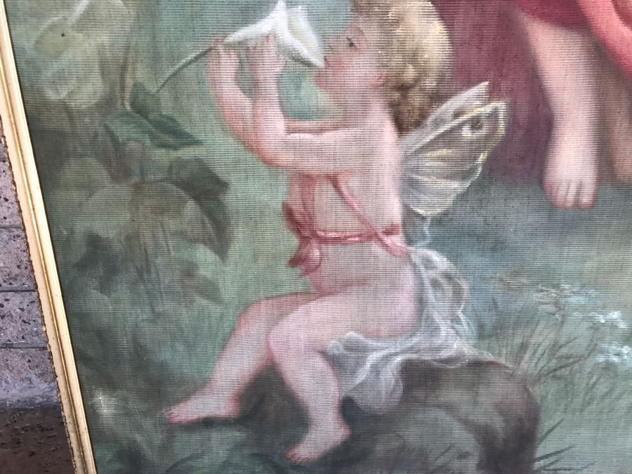 JUST ADDED - Large Antique Original Painting On Canvas Of Woman Surrounded By Cherubs Angels By Al Blanchard In Antique Gilded Wood Frame [Photo 12]