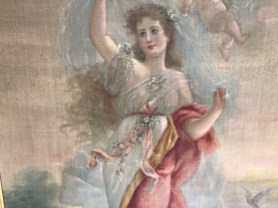 JUST ADDED - Large Antique Original Painting On Canvas Of Woman Surrounded By Cherubs Angels By Al Blanchard In Antique Gilded Wood Frame [Photo 5]