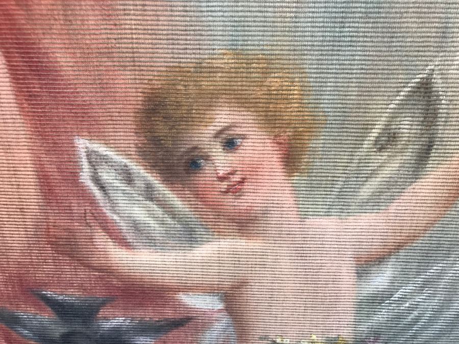 JUST ADDED - Large Antique Original Painting On Canvas Of Woman Surrounded By Cherubs Angels By Al Blanchard In Antique Gilded Wood Frame [Photo 8]
