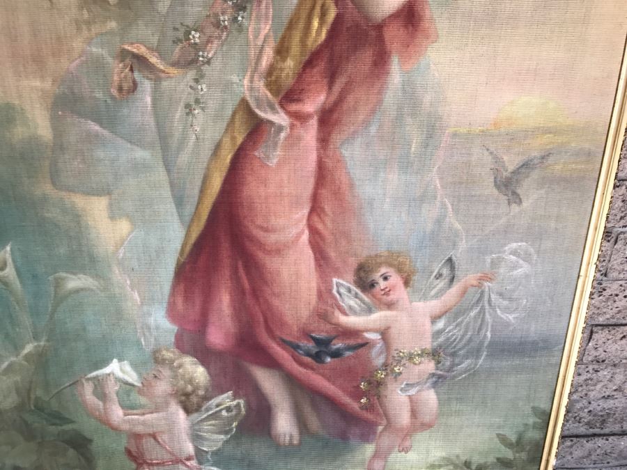 JUST ADDED - Large Antique Original Painting On Canvas Of Woman Surrounded By Cherubs Angels By Al Blanchard In Antique Gilded Wood Frame [Photo 6]