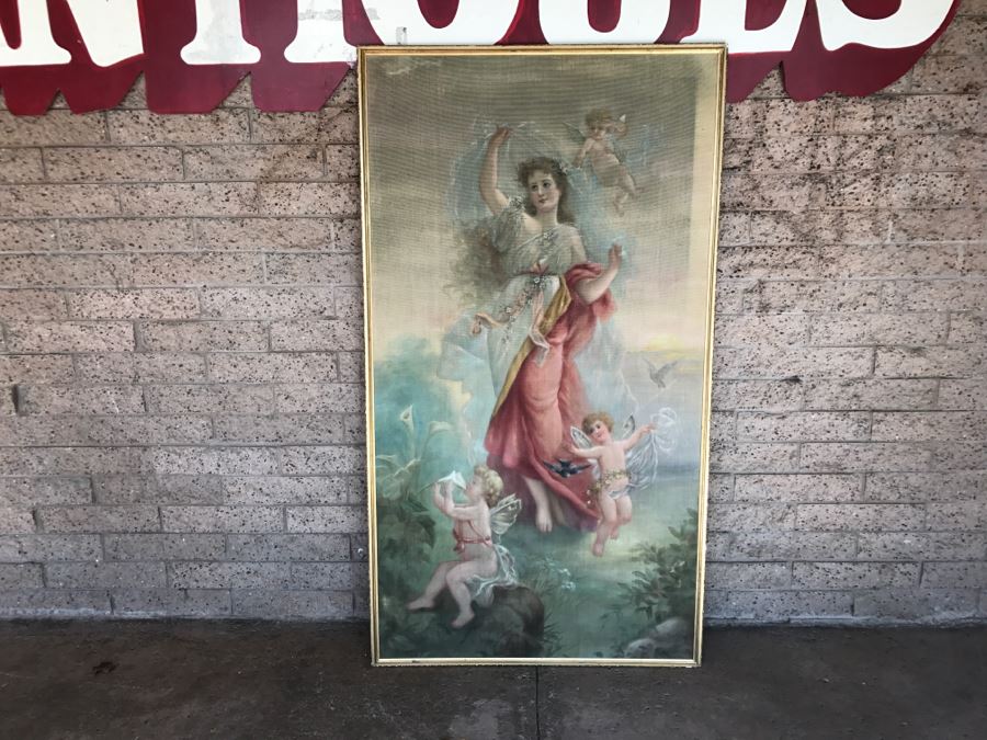 JUST ADDED - Large Antique Original Painting On Canvas Of Woman Surrounded By Cherubs Angels By Al Blanchard In Antique Gilded Wood Frame [Photo 2]