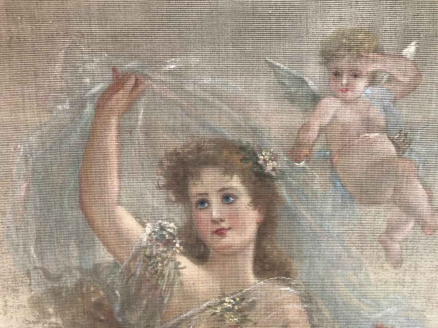 JUST ADDED - Large Antique Original Painting On Canvas Of Woman Surrounded By Cherubs Angels By Al Blanchard In Antique Gilded Wood Frame [Photo 19]
