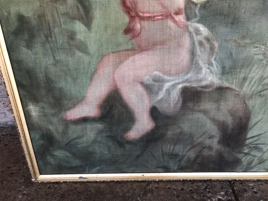 JUST ADDED - Large Antique Original Painting On Canvas Of Woman Surrounded By Cherubs Angels By Al Blanchard In Antique Gilded Wood Frame [Photo 13]
