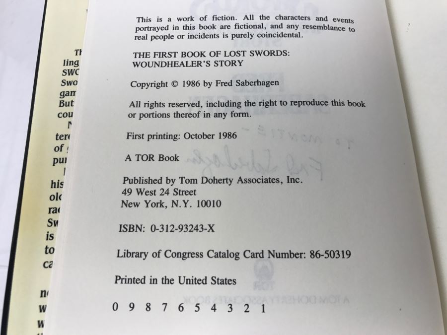 Signed First Printing 1986 Hardcover Book The First Book Of Lost Swords Woundhealer's Story By Fred Saberhagen [Photo 8]