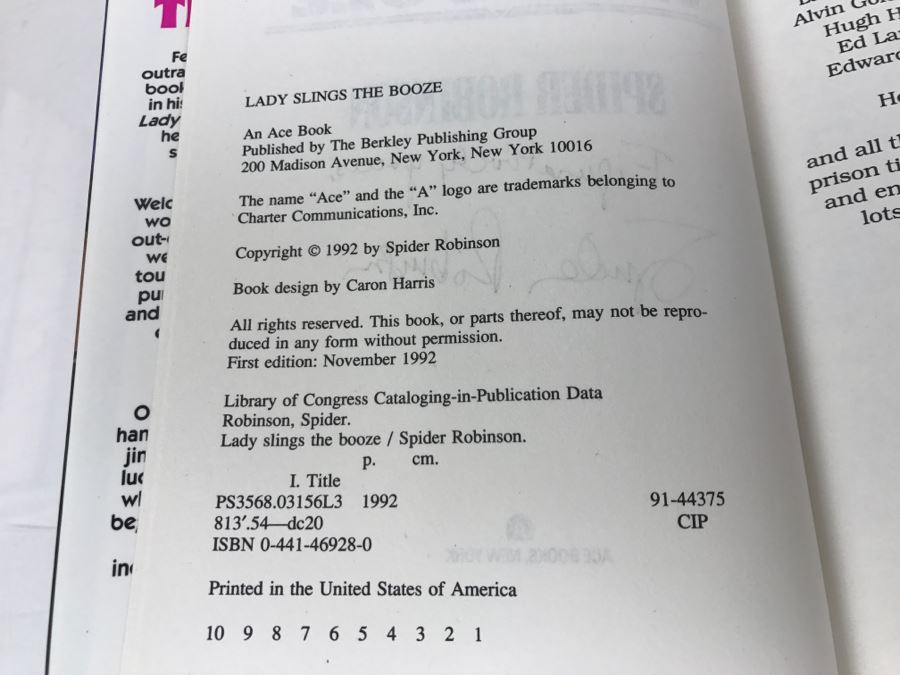 Signed First Edition 1992 Hardcover Book Lady Slings The Booze By Spider Robinson [Photo 10]