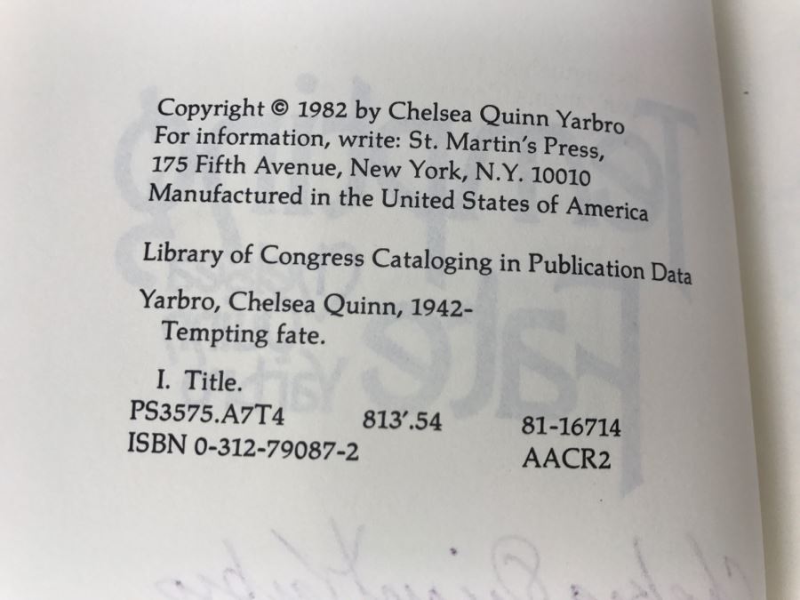 Signed Hardcover Book Tempting Fate By Chelsea Quinn Yarbro [Photo 8]