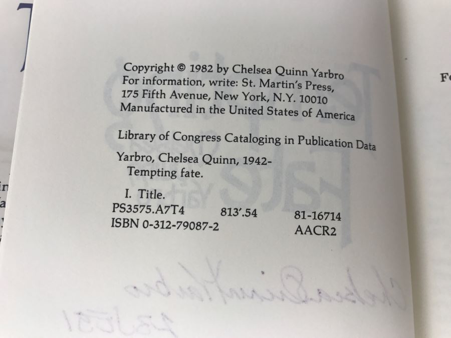 Signed Hardcover Book Tempting Fate By Chelsea Quinn Yarbro [Photo 7]
