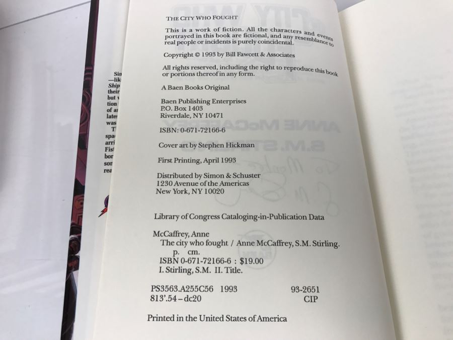 Signed First Printing 1993 Hardcover Book The City Who Fought By Anne McCaffrey And S.M. Stirling (Signed By S.M. Stirling) [Photo 8]