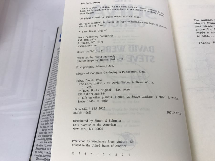 Signed First Printing 2002 Hardcover Book The Shiva Option By David Weber And Steve White (Signed By David Weber) [Photo 8]
