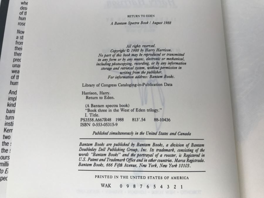 Signed 1988 Hardcover Book Return To Eden By Harry Harrison [Photo 8]
