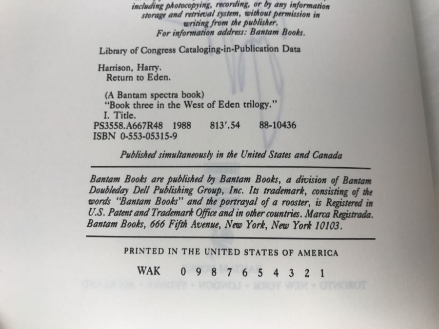 Signed 1988 Hardcover Book Return To Eden By Harry Harrison [Photo 9]