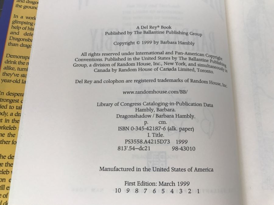 Signed First Edition 1999 Hardcover Book Dragonshadow By Barbara Hambly [Photo 8]