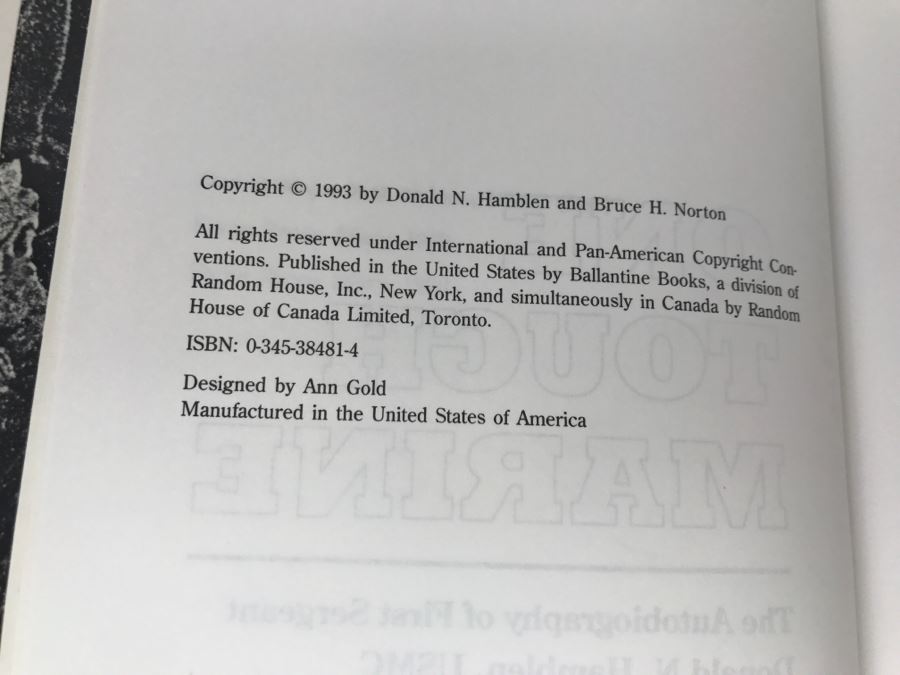 Signed 1993 Hardcover Book One Tough Marine The Autobiography Of First Sergeant Donald N. Hamblen, USMC [Photo 9]