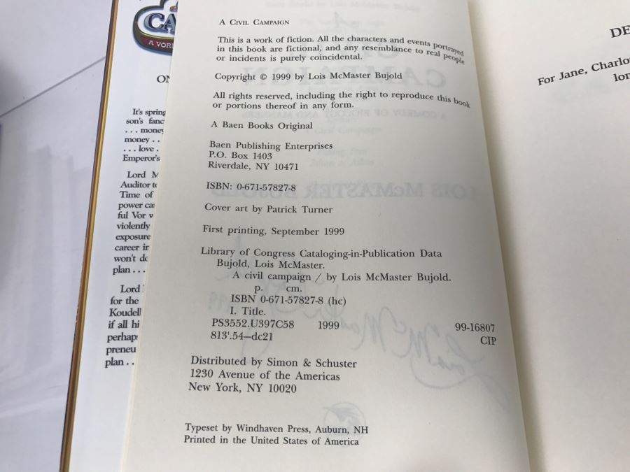 Signed First Printing 1999 Hardcover Book A Civil Campaing By Lois McMaster Bujold [Photo 8]