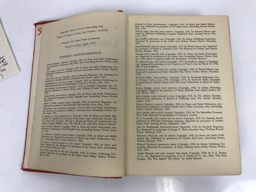 Signed Second Printing 1953 Hardcover Book Omnibus Of Science Fiction Signed By Ray Bradbury, L. Sprague De Camp, Jack Vance, A.E. Van Vogt, Alan E. Nourse [Photo 10]