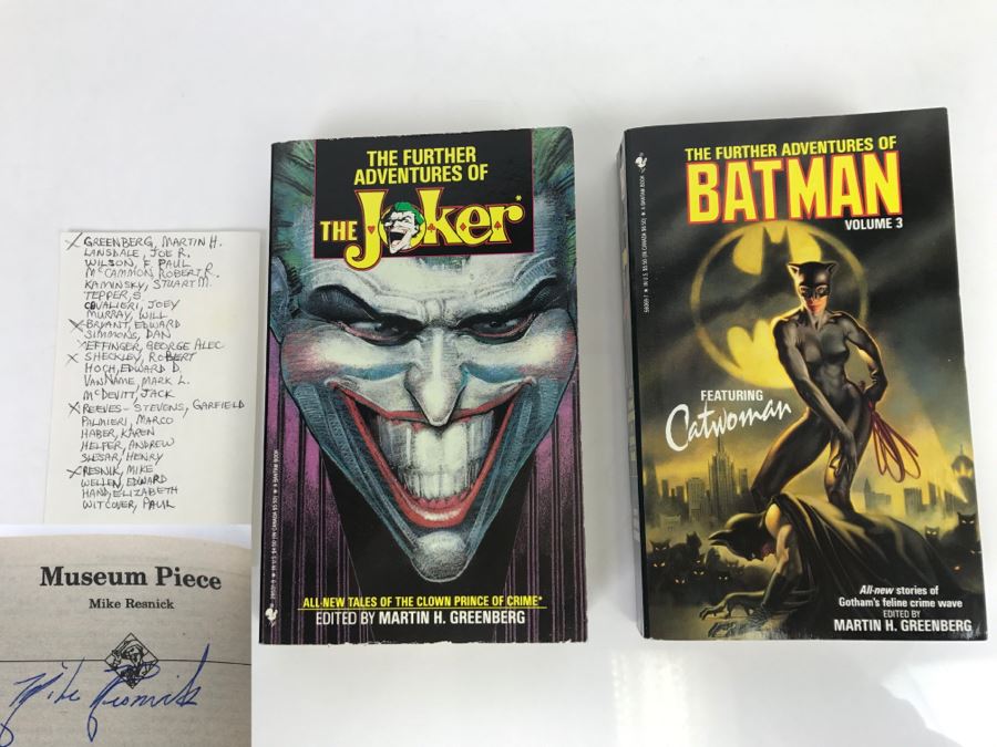 Pair Of Paperback Books: Signed 1990 Copy Of The Further Adventures Of The Joker (Signed By Martin H. Grenberg, Edward Bryant, Robert Sheckley, Garfield Reeves-Stevens And Mike Resnick) And 1993 The Further Adventures Of Batman Vol 3 Feat Catwoman [Photo 1]