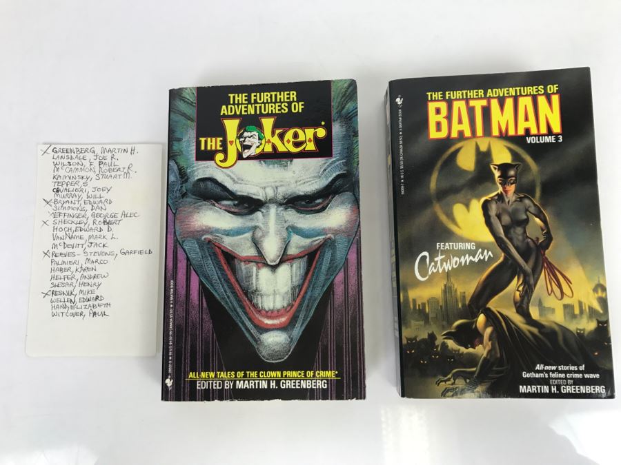 Pair Of Paperback Books: Signed 1990 Copy Of The Further Adventures Of The Joker (Signed By Martin H. Grenberg, Edward Bryant, Robert Sheckley, Garfield Reeves-Stevens And Mike Resnick) And 1993 The Further Adventures Of Batman Vol 3 Feat Catwoman [Photo 2]