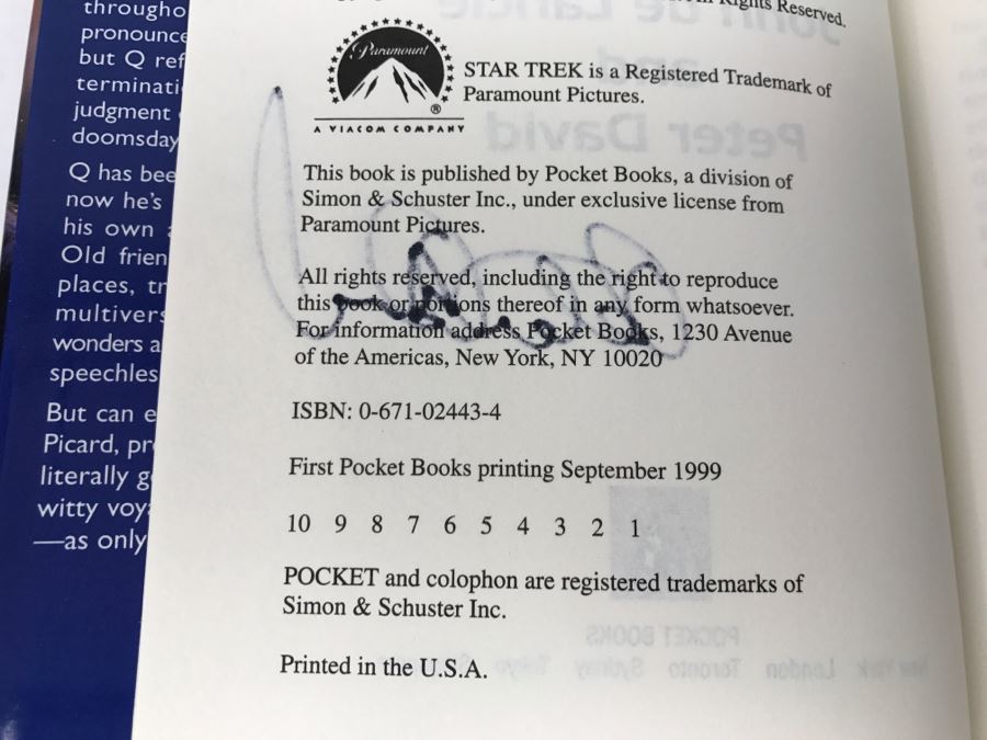 Signed First Pocket Books Printing 1999 Hardcover Book STAR TREK The Next Generation I,Q By John De Lancie And Peter David (Signed By Peter David) [Photo 8]