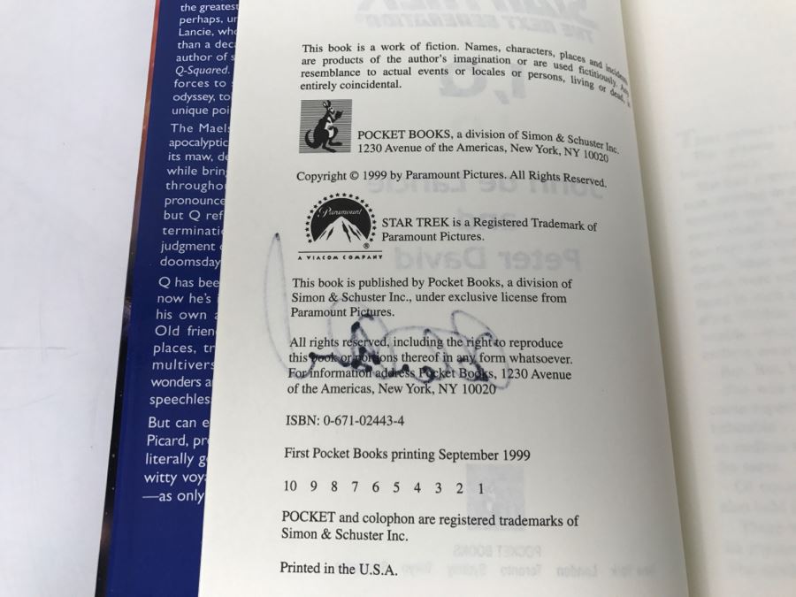 Signed First Pocket Books Printing 1999 Hardcover Book STAR TREK The Next Generation I,Q By John De Lancie And Peter David (Signed By Peter David) [Photo 7]