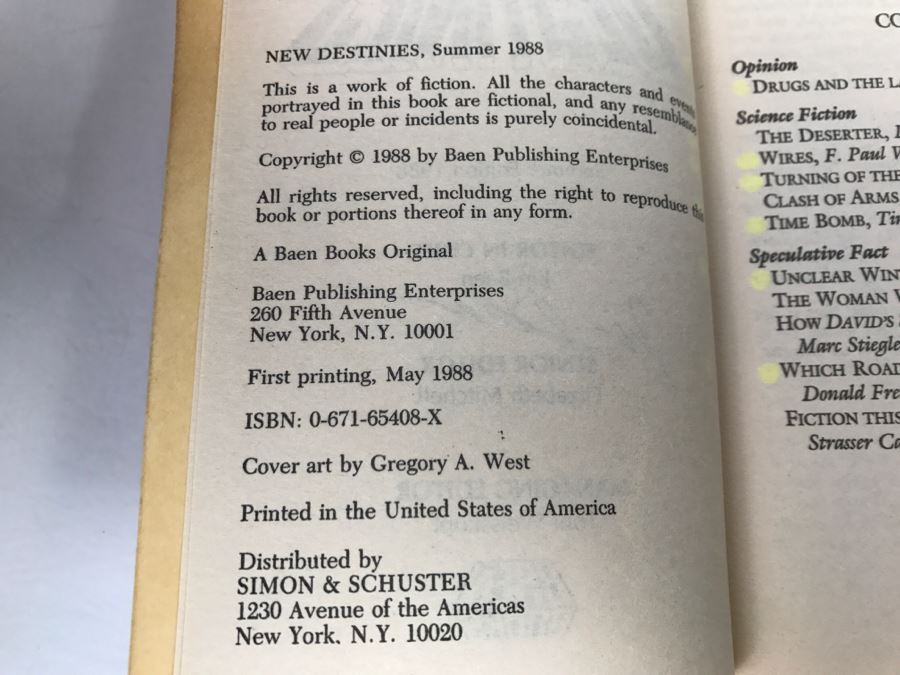 Signed First Printing 1988 Paperback Book New Destinies, Summer 1988 (Signed By Jim Baen, Poul Anderson, Harry Turtledove, S.M. Stirling And Marc Stiegler) [Photo 8]