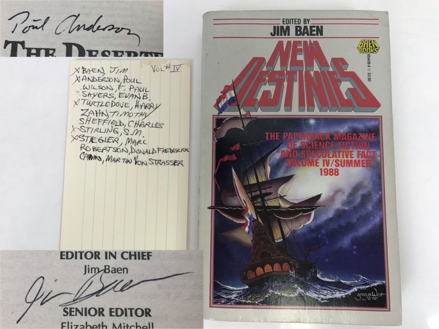 Signed First Printing 1988 Paperback Book New Destinies, Summer 1988 (Signed By Jim Baen, Poul Anderson, Harry Turtledove, S.M. Stirling And Marc Stiegler) [Photo 1]