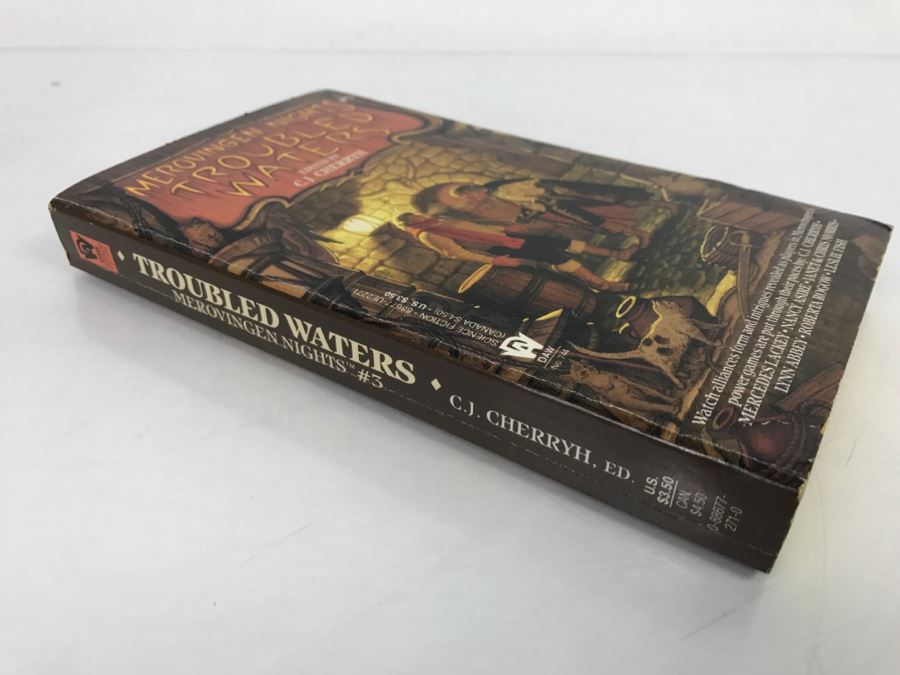 Signed First Printing 1988 Paperback Book Merovingen Nights #3 Troubled Waters By C.J. Cherryh (Signed By C.J. Cherryh, Mercedes Lackey, Roberta Rogow And Leslie Fish) [Photo 4]
