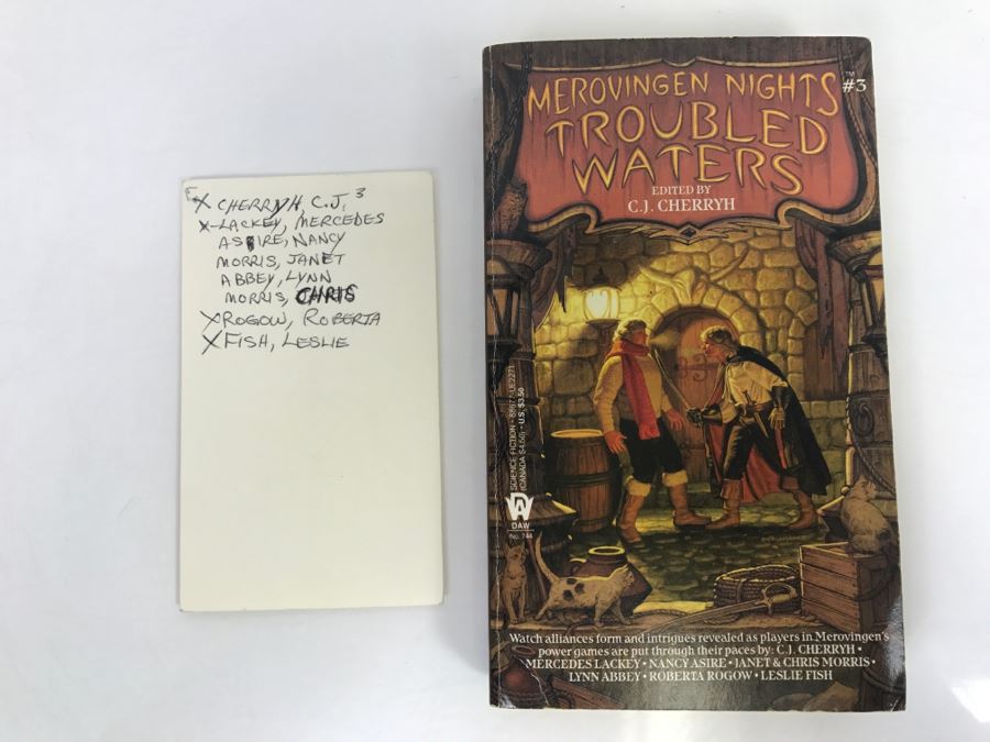 Signed First Printing 1988 Paperback Book Merovingen Nights #3 Troubled Waters By C.J. Cherryh (Signed By C.J. Cherryh, Mercedes Lackey, Roberta Rogow And Leslie Fish) [Photo 2]