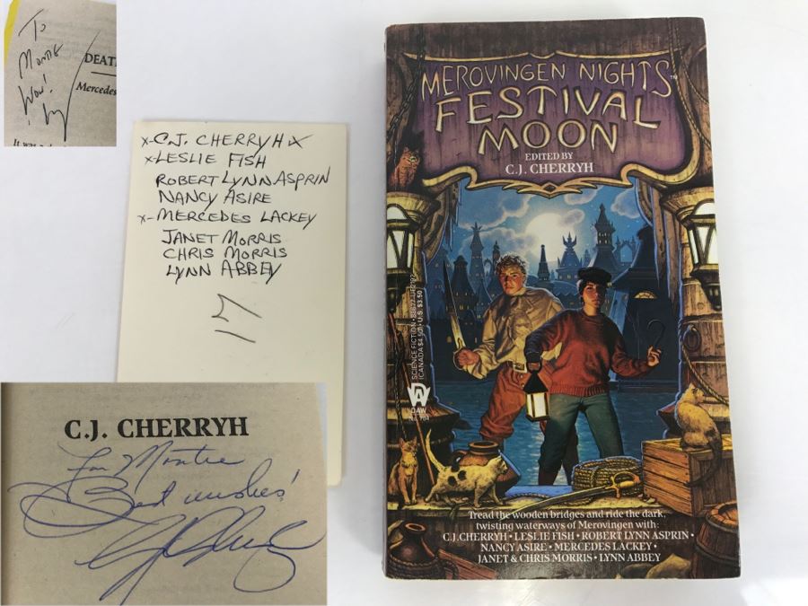 Signed First Printing 1987 Paperback Book Merovingen Nights Festival Moon By C.J. Cherryh (Signed By C.J. Cherryh, Mercedes Lackey And Leslie Fish) [Photo 1]