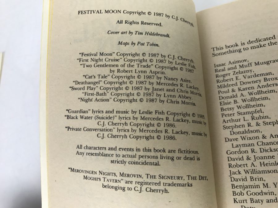 Signed First Printing 1987 Paperback Book Merovingen Nights Festival Moon By C.J. Cherryh (Signed By C.J. Cherryh, Mercedes Lackey And Leslie Fish) [Photo 6]