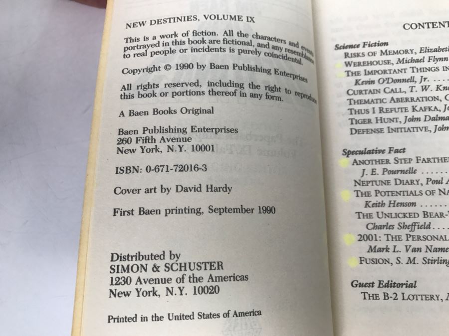 Signed First Baen Printing 1990 New Destinies, Volume IX (Signed By Jim Baen, Kevin O'Donnell Jr., Jerry Pournelle And S.M. Stirling) [Photo 8]