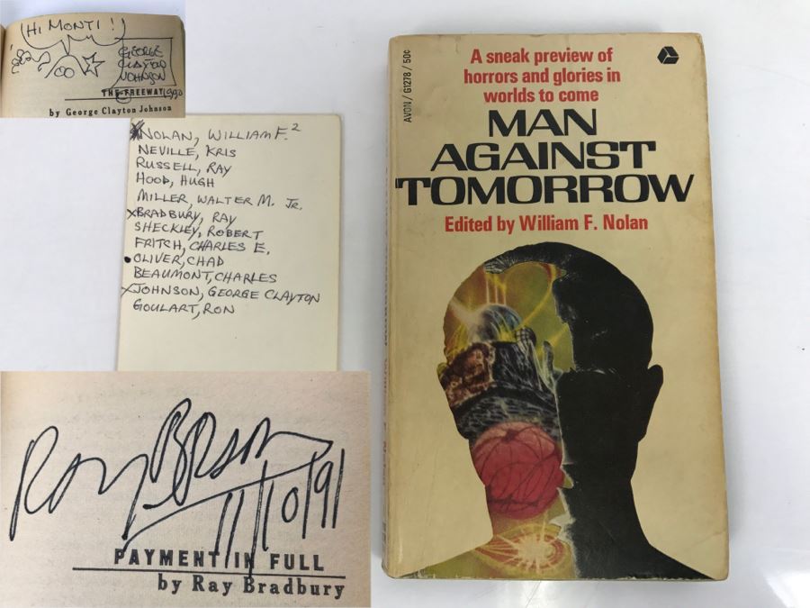 Signed First Avon Printing 1965 Paperback Book Man Against Tomorrow (Signed By William F. Nolan, Ray Bradbury And George Clayton Johnson) [Photo 1]